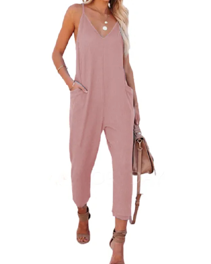 

Sleeveless Overalls Pocket Design V-Neck Jumpsuit, Pink