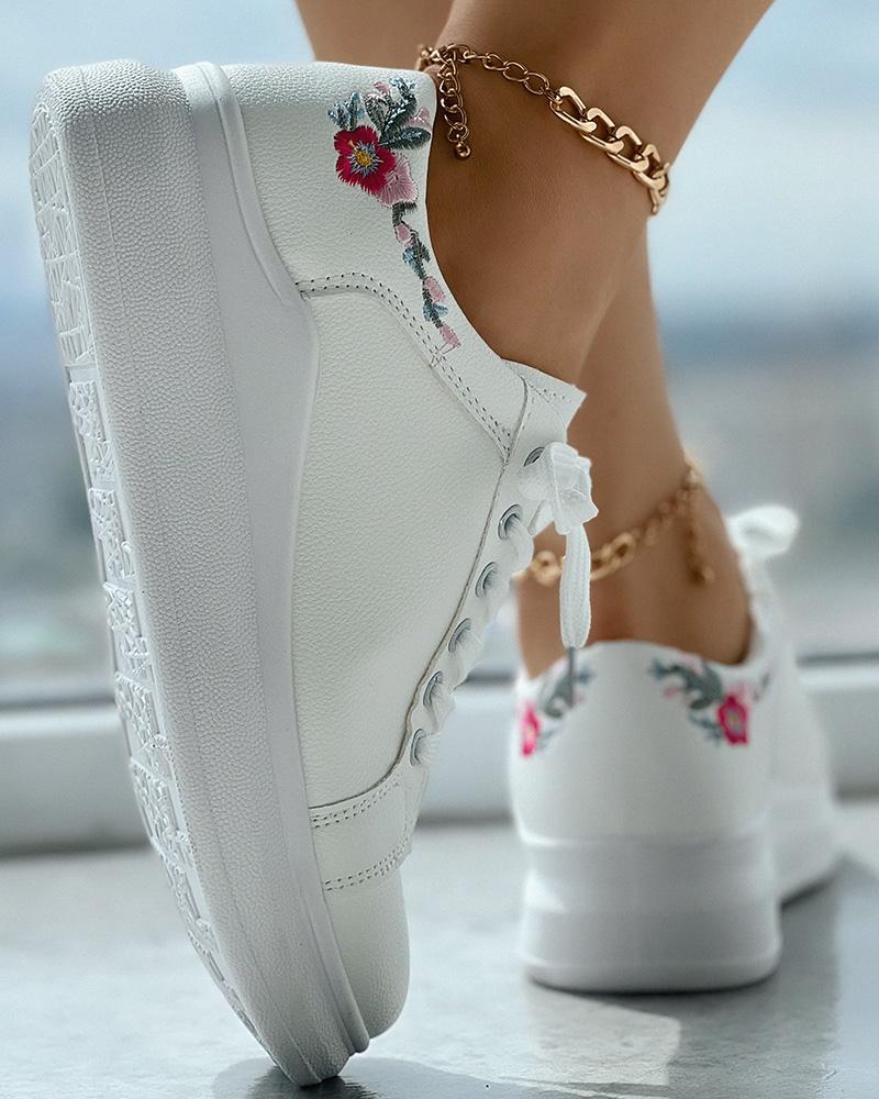 

Floral Embroidery Lace-up Sneakers, White&pink