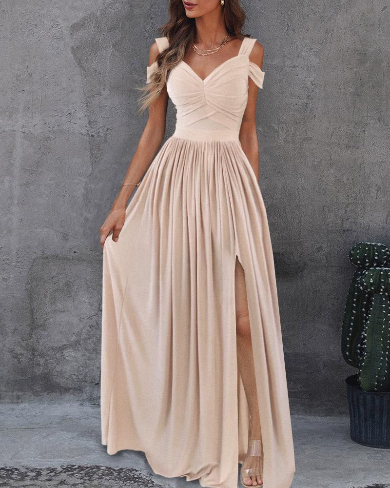 

Cold Shoulder High Slit Pleated Maxi Dress Solid Color Sleeveless Cocktail Dress Party Dress, Apricot