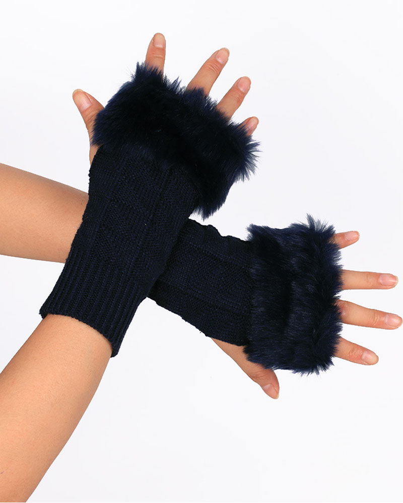 

Christmas Fuzzy Trim Knit Fingerless Gloves, Purplish blue