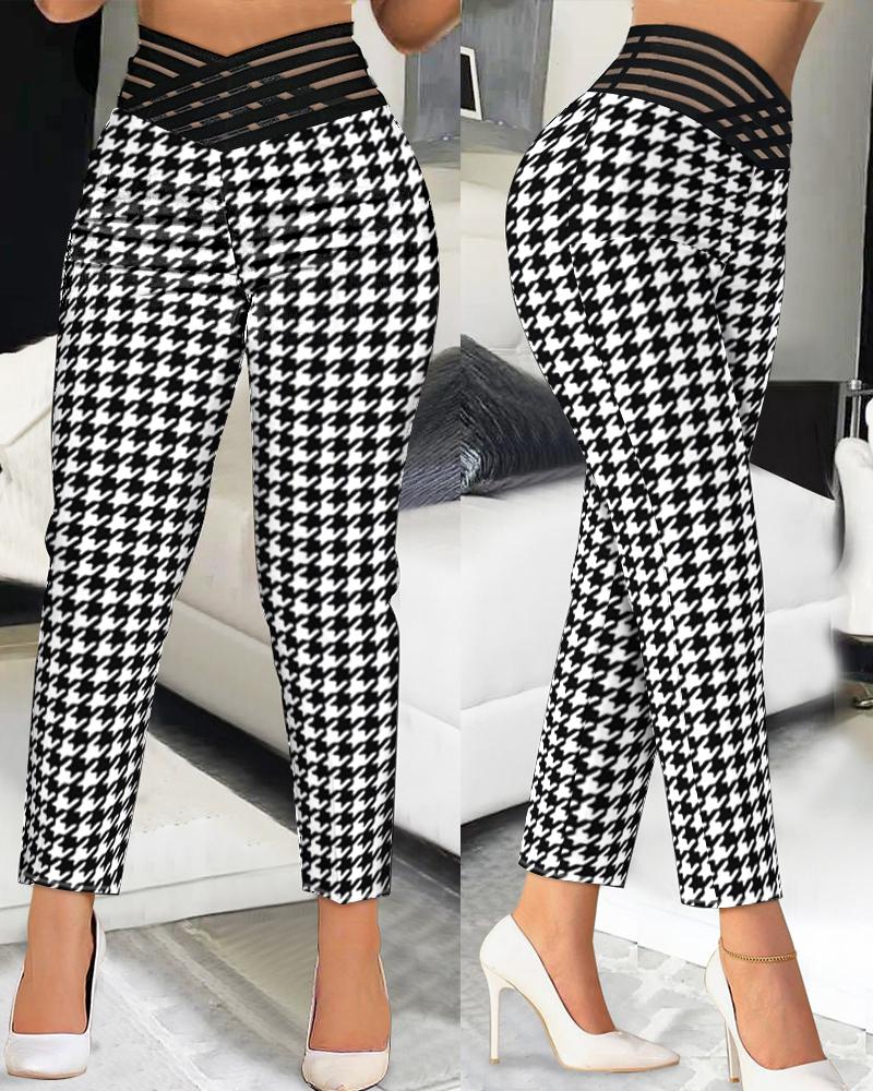 

Overlap Waist Houndstooth Print Work Pants, Blackwhite