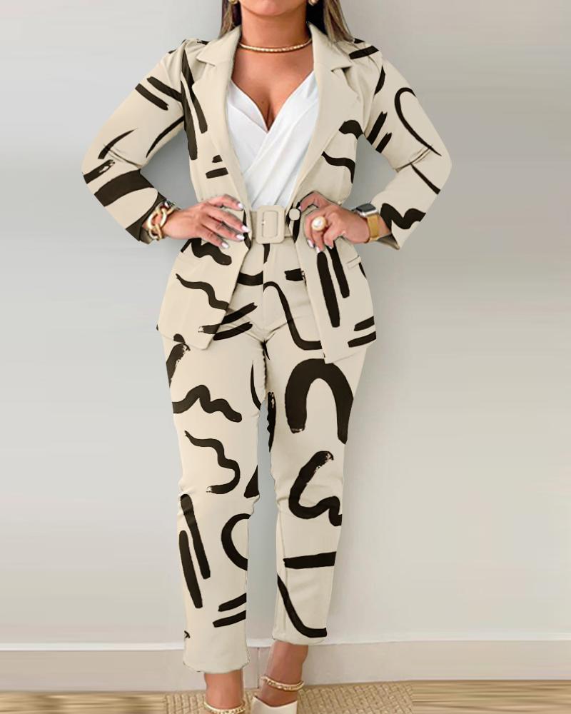 

Plus Size Abstract Print Blazer Coat & Pants Set, Apricot