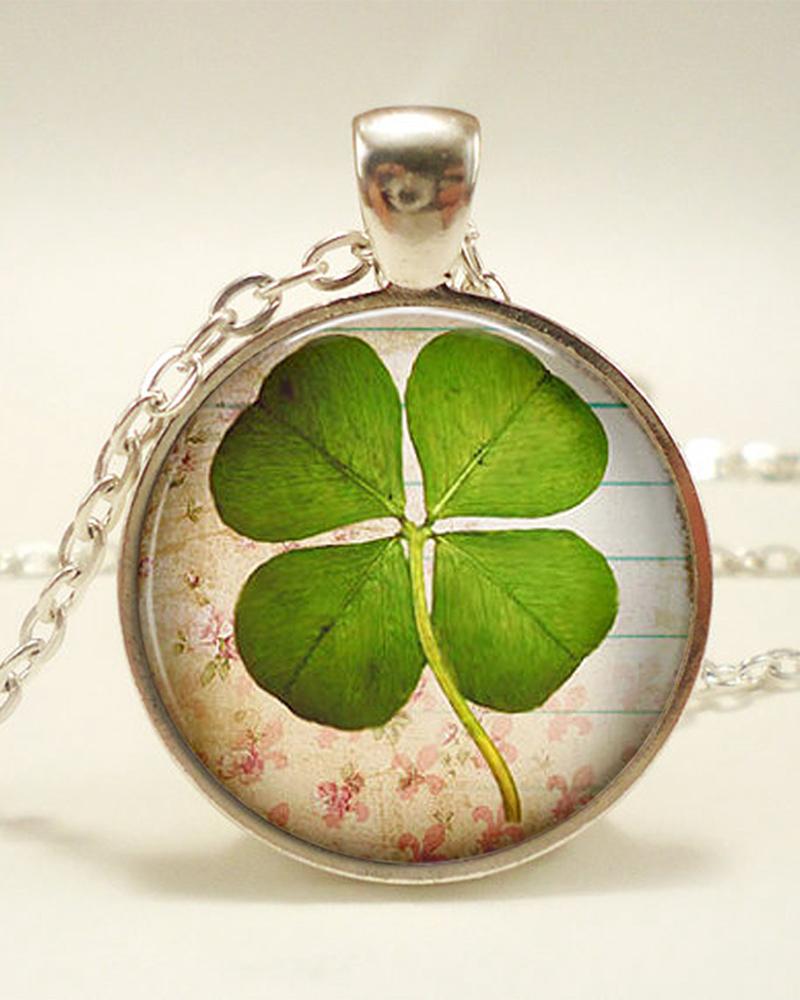 

St.Patrick's Day Four Leaf Clover Clear Resin Pendant Necklace, Green