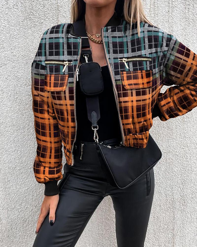 

Plaid Print Baseball Collar Long Sleeve Zip Up Jacket, Multicolor