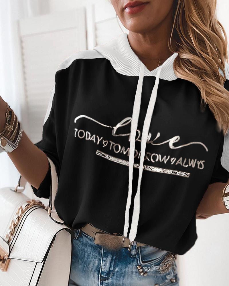 

Letter Print Long Sleeve Casual Hoodie, Black