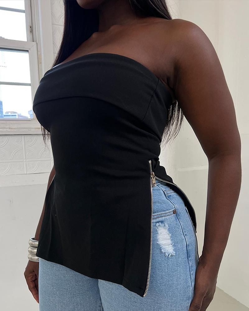 

Zipper Design Bandeau Casual Top, Black
