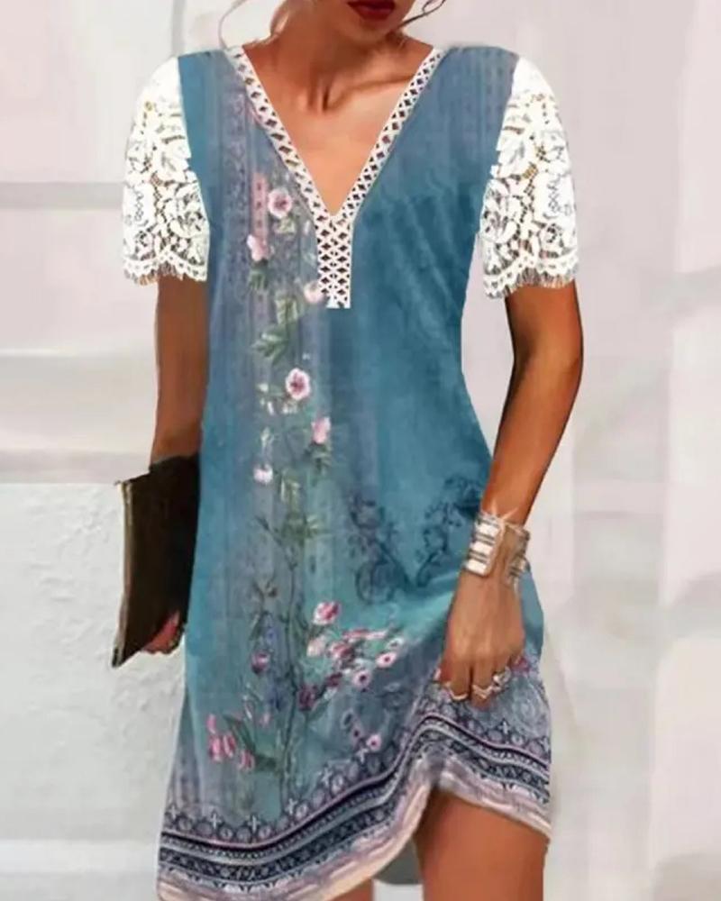 

Floral Tribal Print Lace Patch Casual Dress, Blue