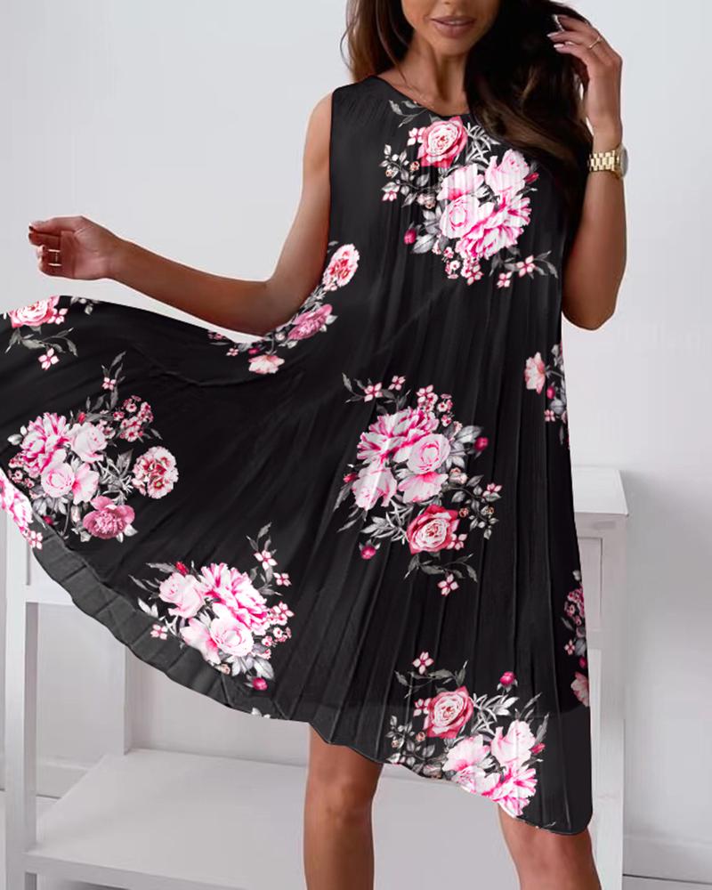 

Floral Print Sleeveless Pleated Swing Dress, Black