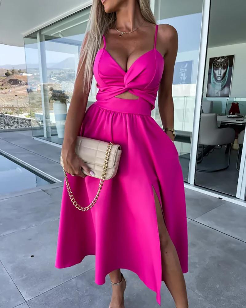 

Vestido casual com fenda torcida e alça espaguete, Hot pink