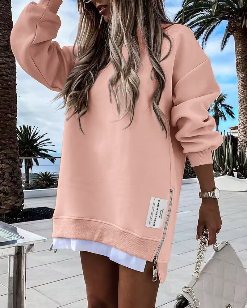 

Long Sleeve Pullover Sweatshirt Zipper Slit Casual Dress, Light pink