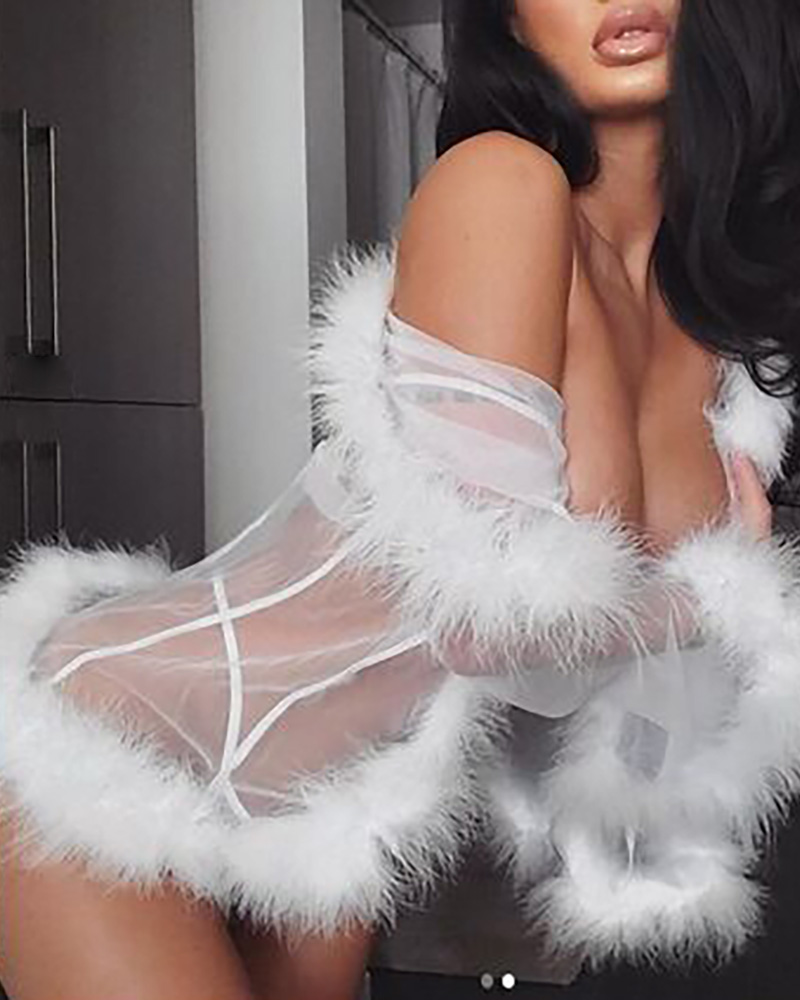 

Feather Detail Sheer Mesh Striped Robe, White