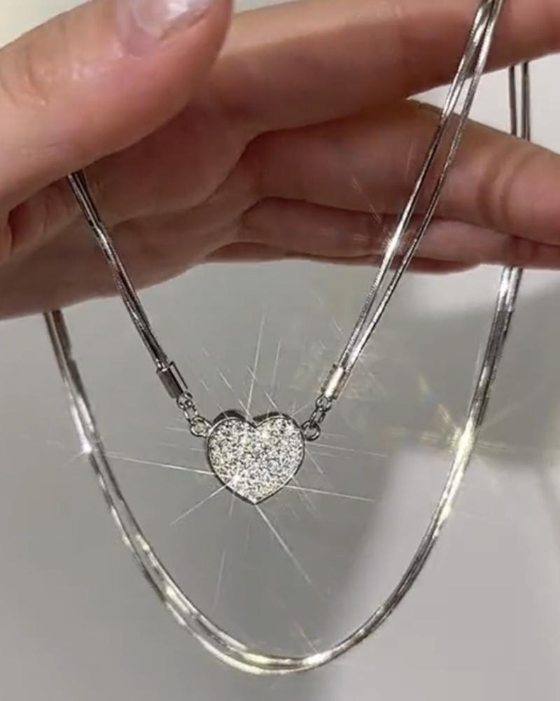 

1pc Faux Zircon Magnet Heart Pendant Necklace, Silver
