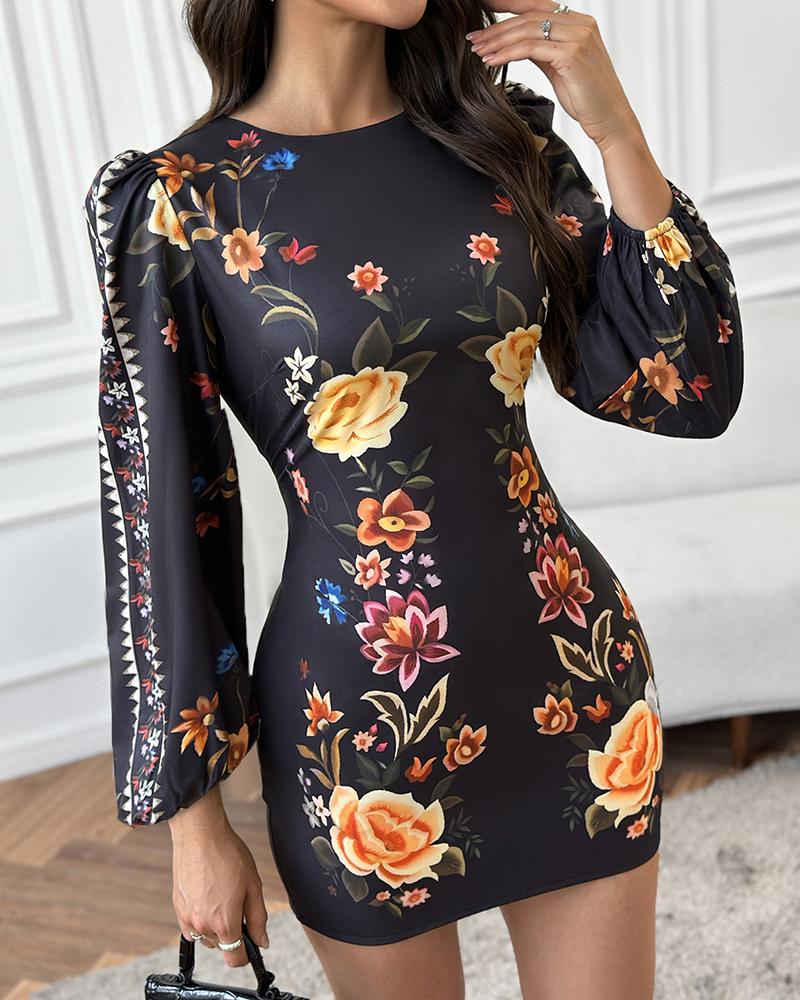 

Cutout Lantern Sleeve Floral Print Bodycon Dress, Black