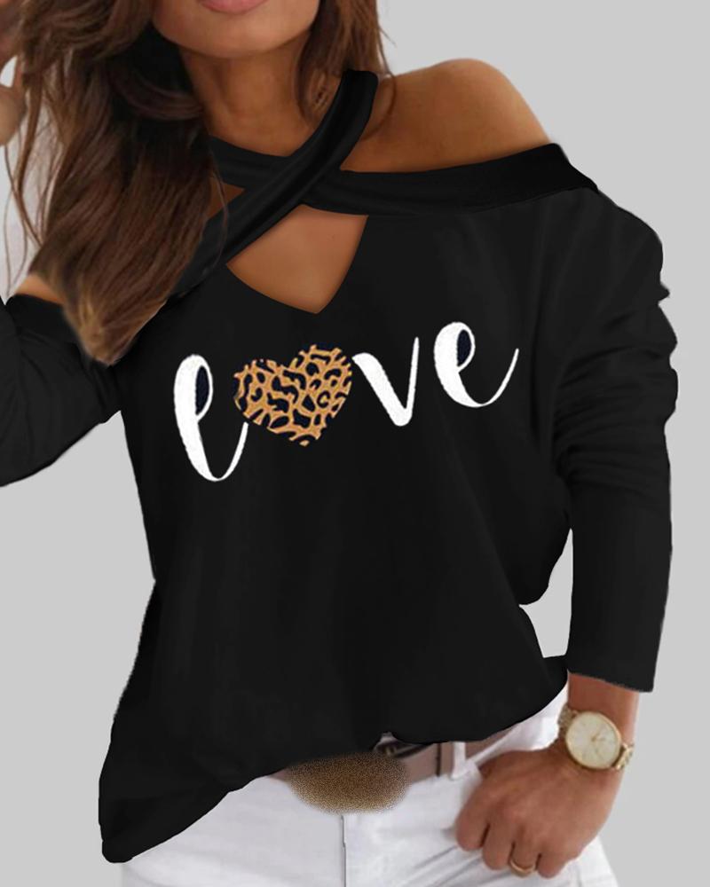 

Letter Print Cold Shoulder Cutout Front Top, Black