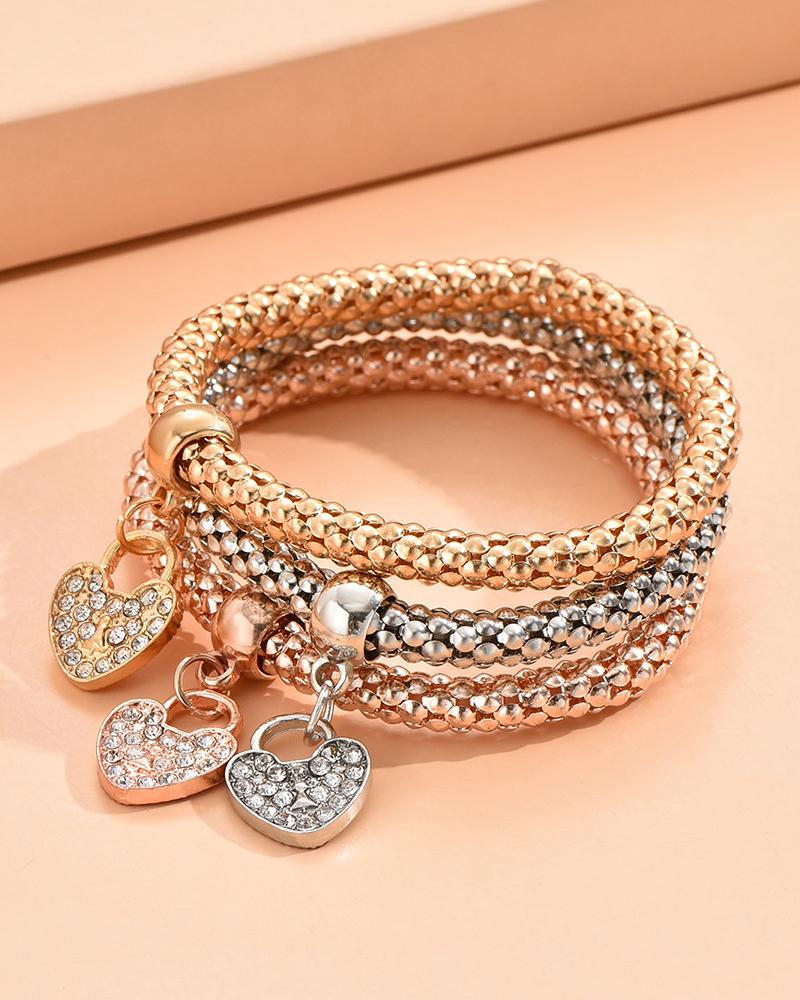 

3PCS Rhinestone Heart Charm Bracelet, Gold