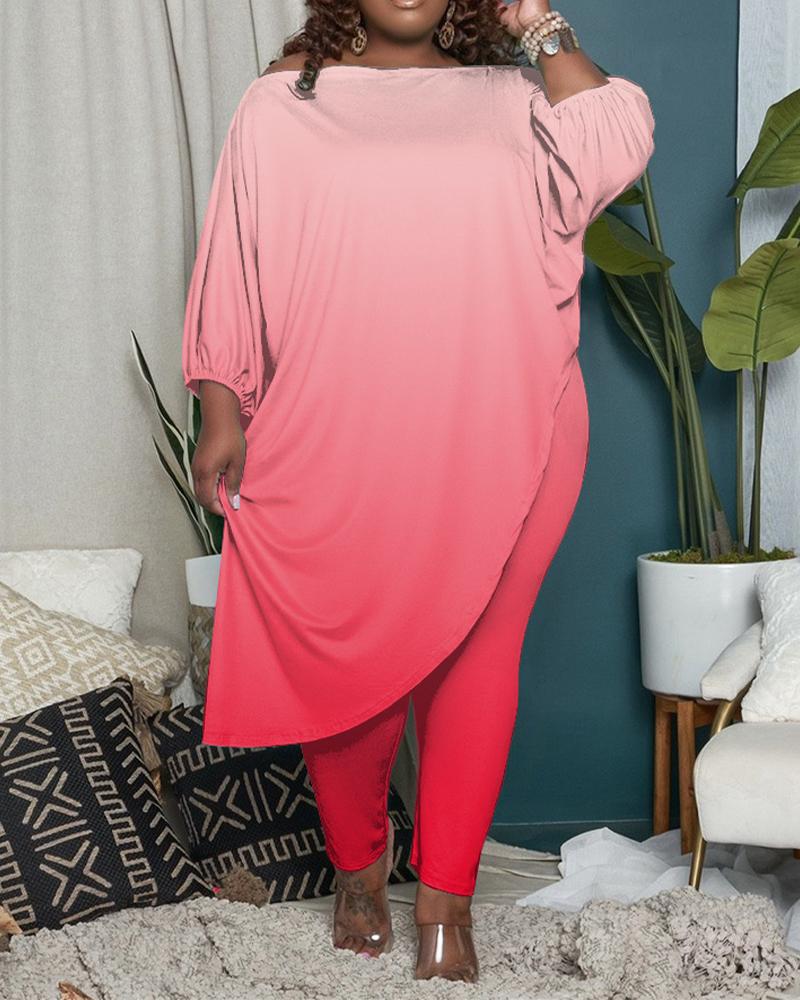 

Plus Size Ombre Asymmetrical Top & Pants Set, Pink