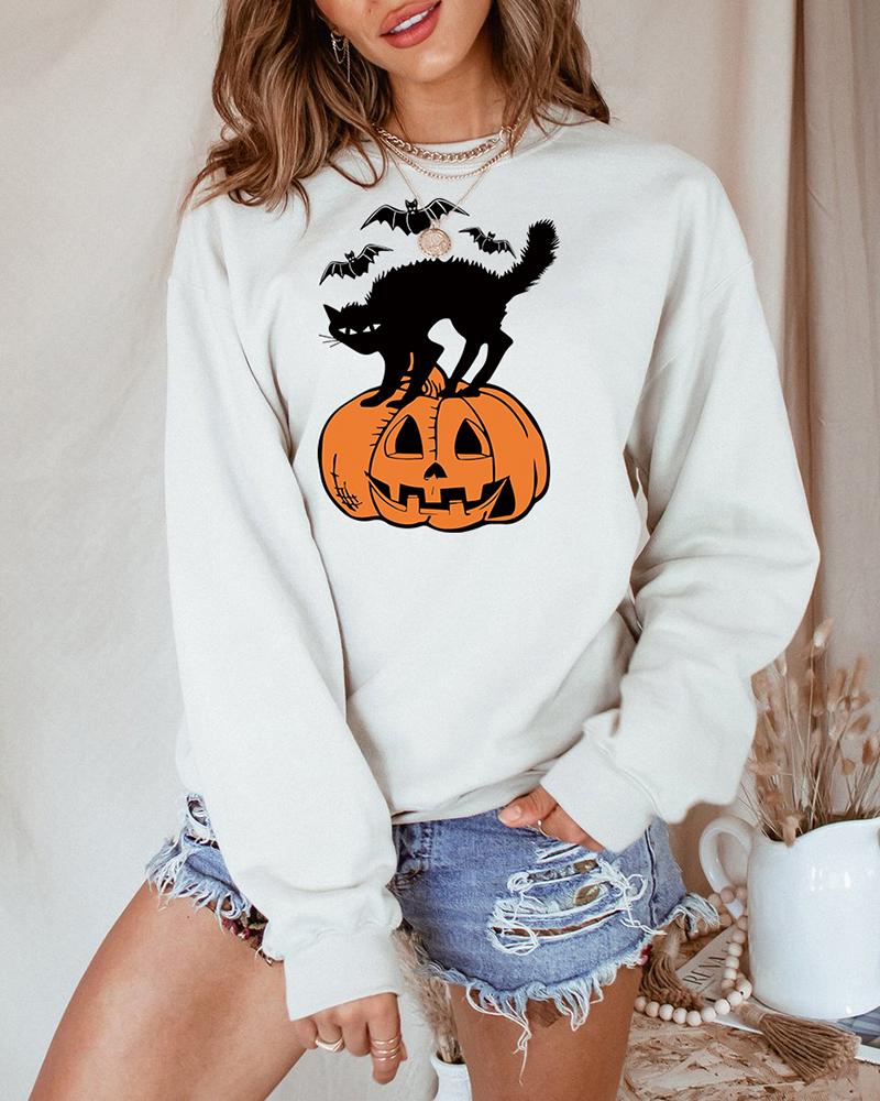 

Halloween Cat Pumpkin Bat Print O Neck Sweatshirt, White