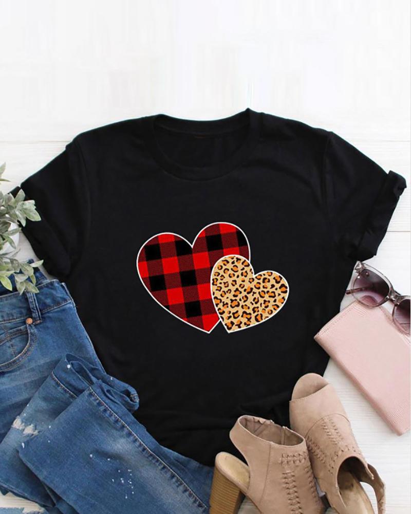 

Valentine' Day Heart Print O-Neck T-shirt, Style2