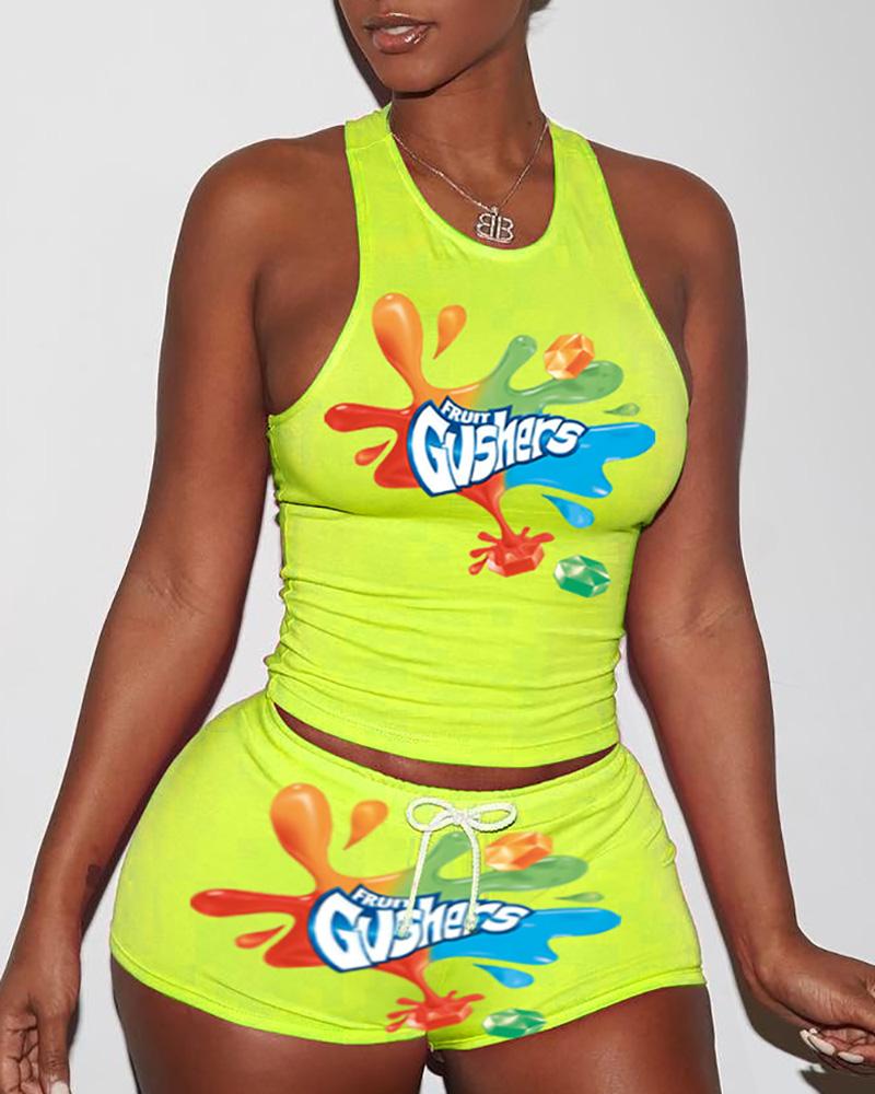 

Letter Print Tank Top & Drawstring Shorts Set, Yellow
