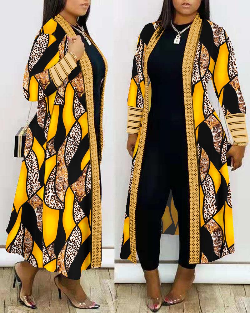 

Leopard Baroque Print Colorblock Striped Open Front Coat, Yellow
