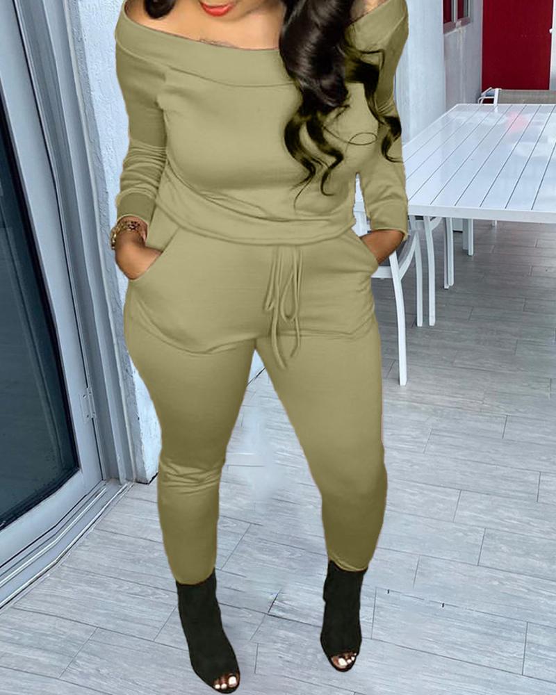 

Off Shoulder Plain Top & Drawstring Pants Set, Army green