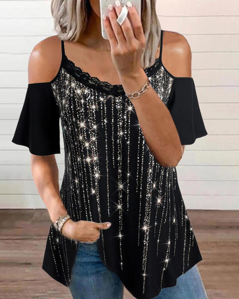 

Rhinestone Decor Cold Shoulder Top, Black