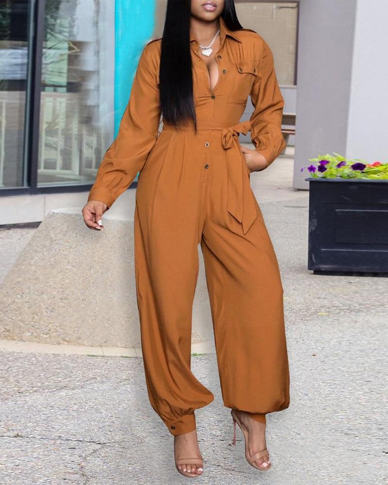 

Long Sleeve Button Front Belted Jumpsuit, Yellow