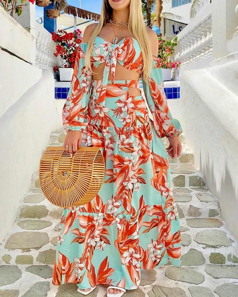 

Floral Print Off Shoulder Tied Detail Crop Top & Skirt Set, Multicolor