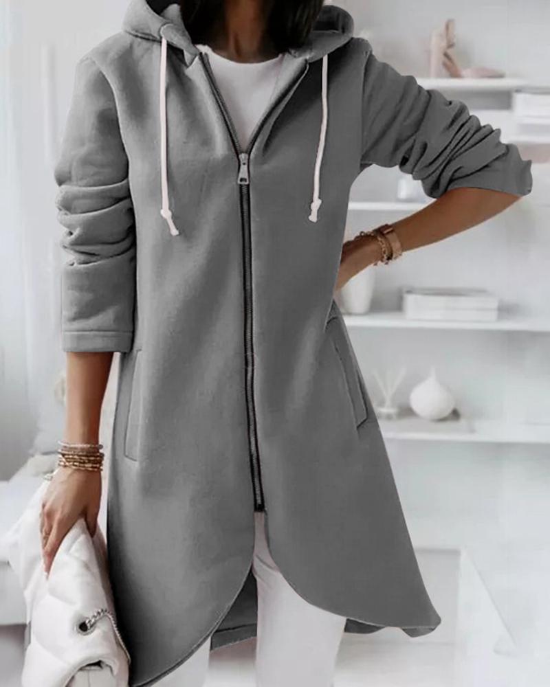 

Long Sleeve Zip Up Hooded Coat, Gray
