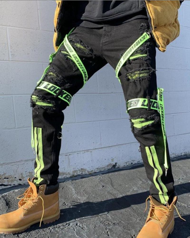 

Solid Color Splicing Letter Strap Print Skinny Pants, Green