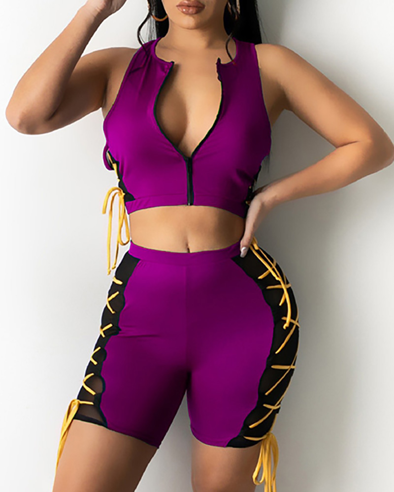 

Eyelet Lace-up Zipper Front Colorbock Crop Top & Shorts Set, Purple