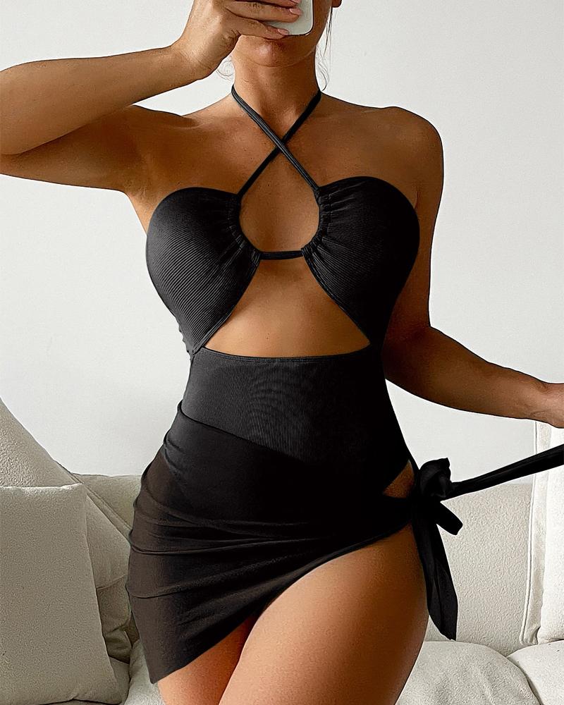 

Cutout Halter One-Piece Swimsuit With Cover Up, Black