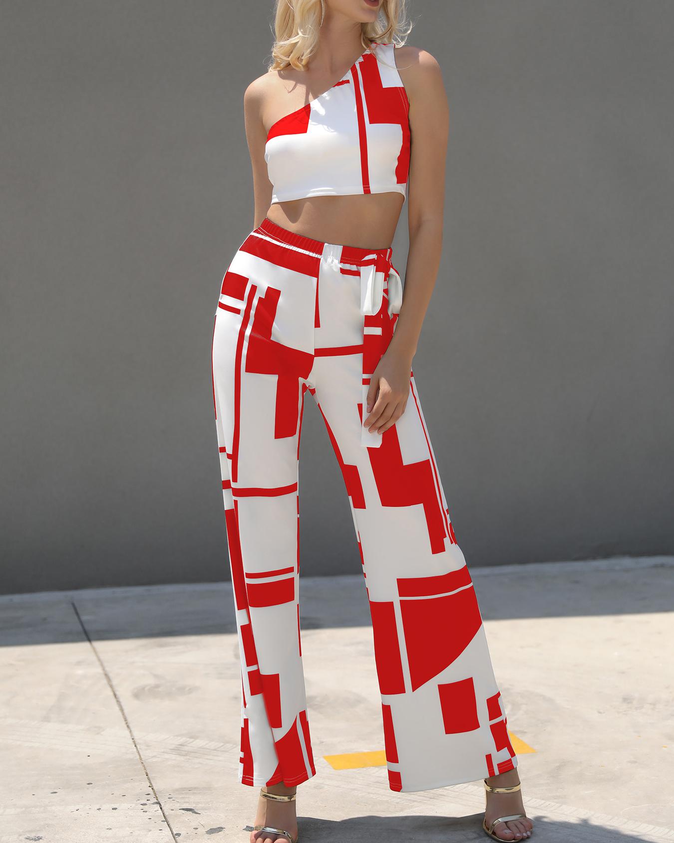 

Colorblock One Shoulder Cropped Wide Pants Set, Red