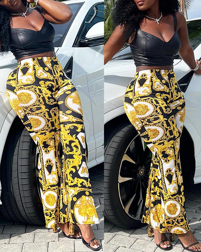 

Baroque Print Vintage Flared Pants, Yellow
