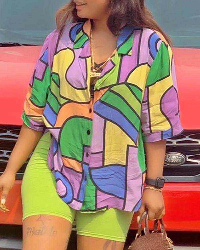 

Colorblock Half Sleeve Button Front Top & Short Sets, Yellow