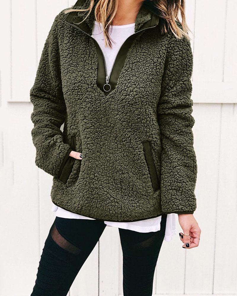 

Zipper Front Pocket Detail Teddy Sweatshirt, Green