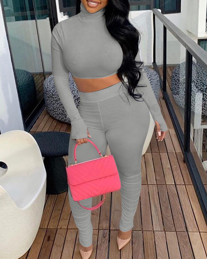 

Plain Ribbed Long Sleeve Crop Women Top & Ruched Pants Set, Gray