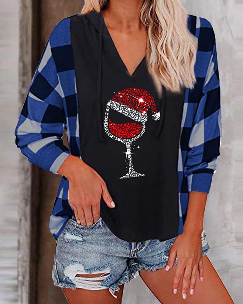 

Christmas V Neck Plaid Print Red Wine Glass Rhinestone Top, Blue