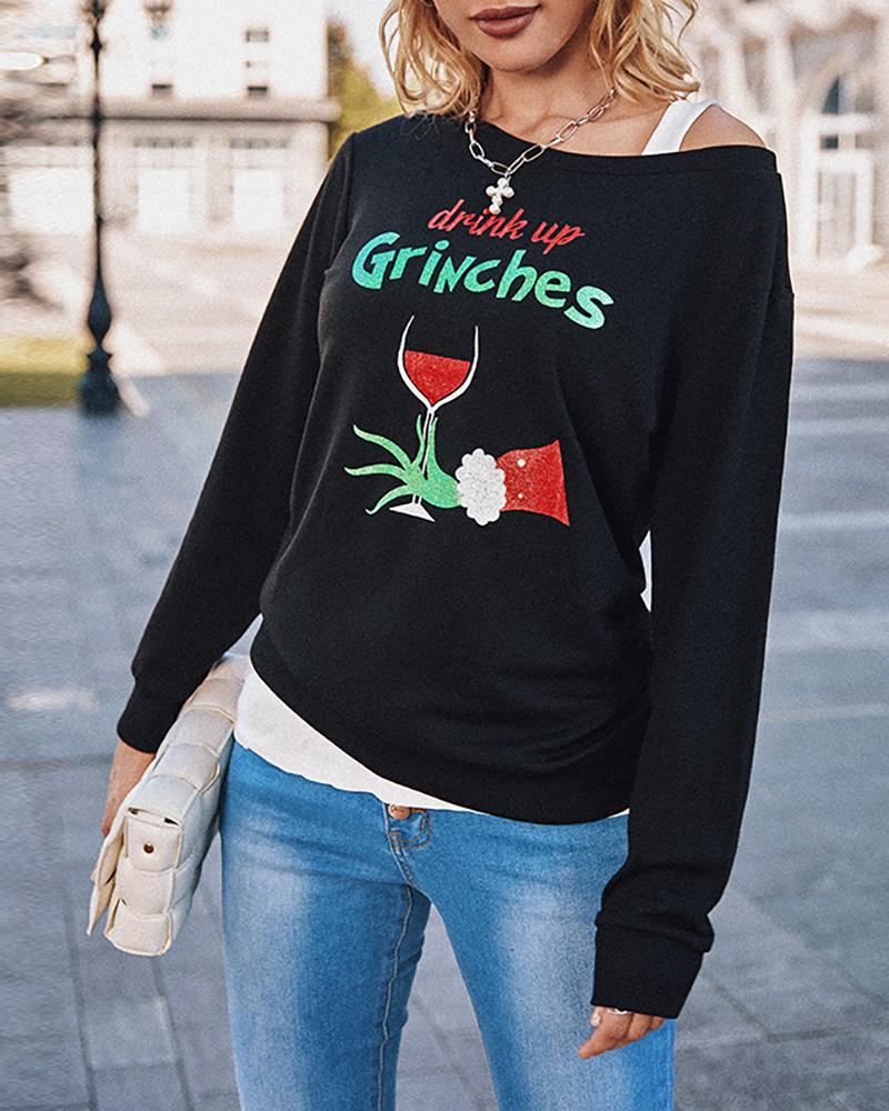 

Christmas Sequins Grinches Letter Pattern Long Sleeve Sweatshirt, Black