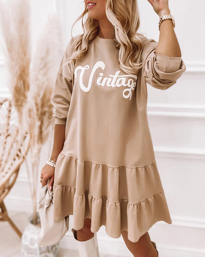 

Letter Pattern Ruffle Hem Sweatshirt Casual Dress, Apricot