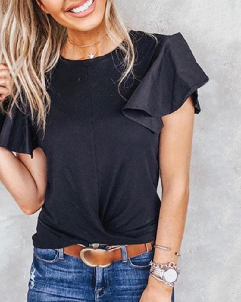 

Flutter Sleeve Crossover Ruched T-Shirt, Black
