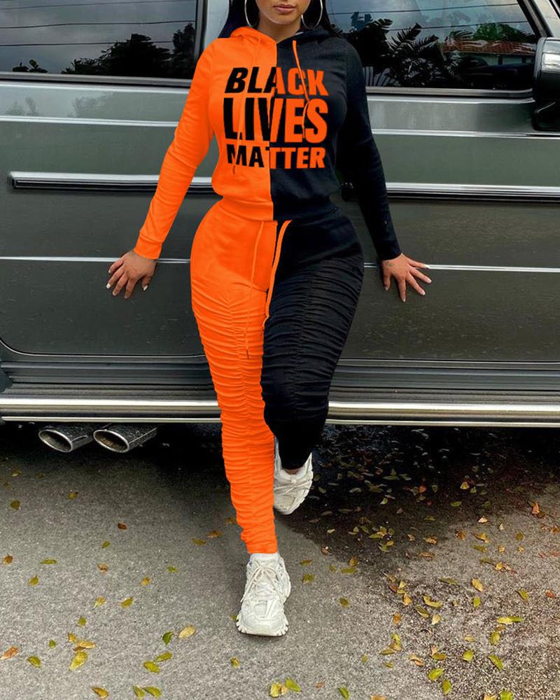 

Colorblock Letter Print Long Sleeve Hoodies Suit Sets, Orange