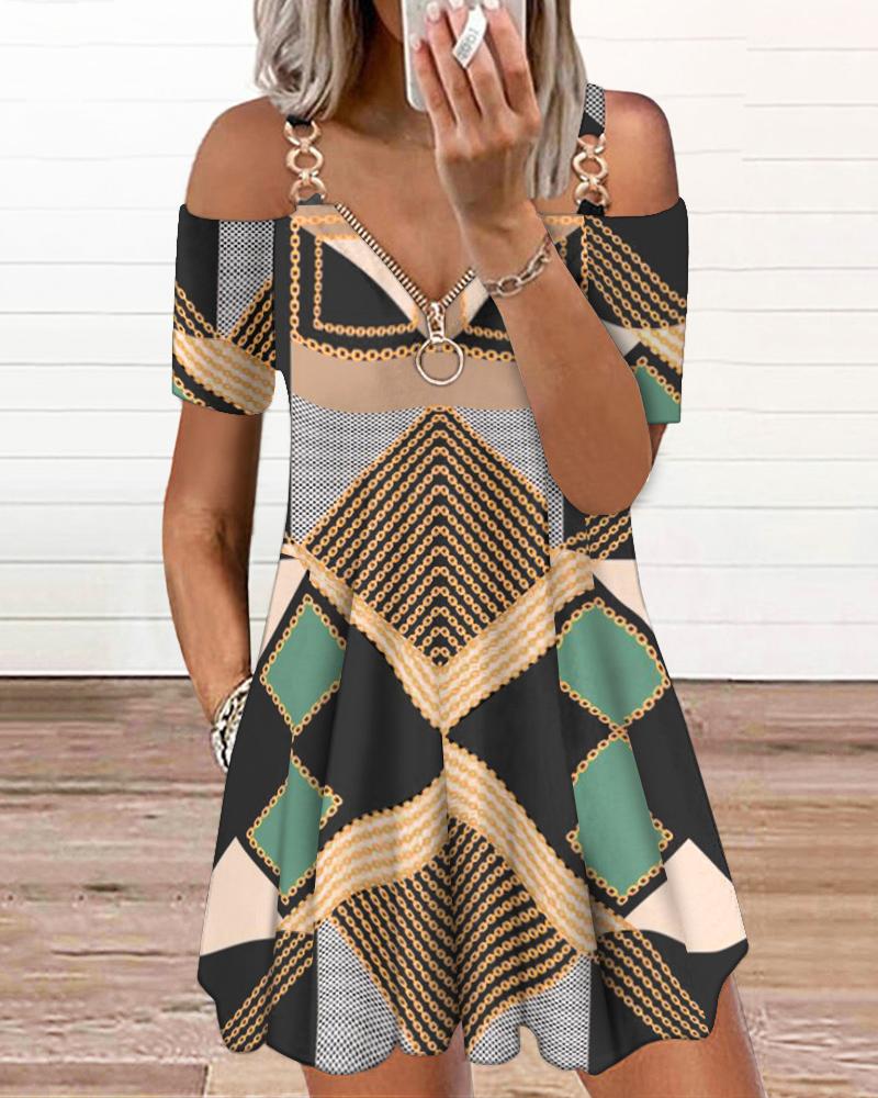 

Colorblock Chain Geo Print Cold Shoulder Swing Dress, Multicolor