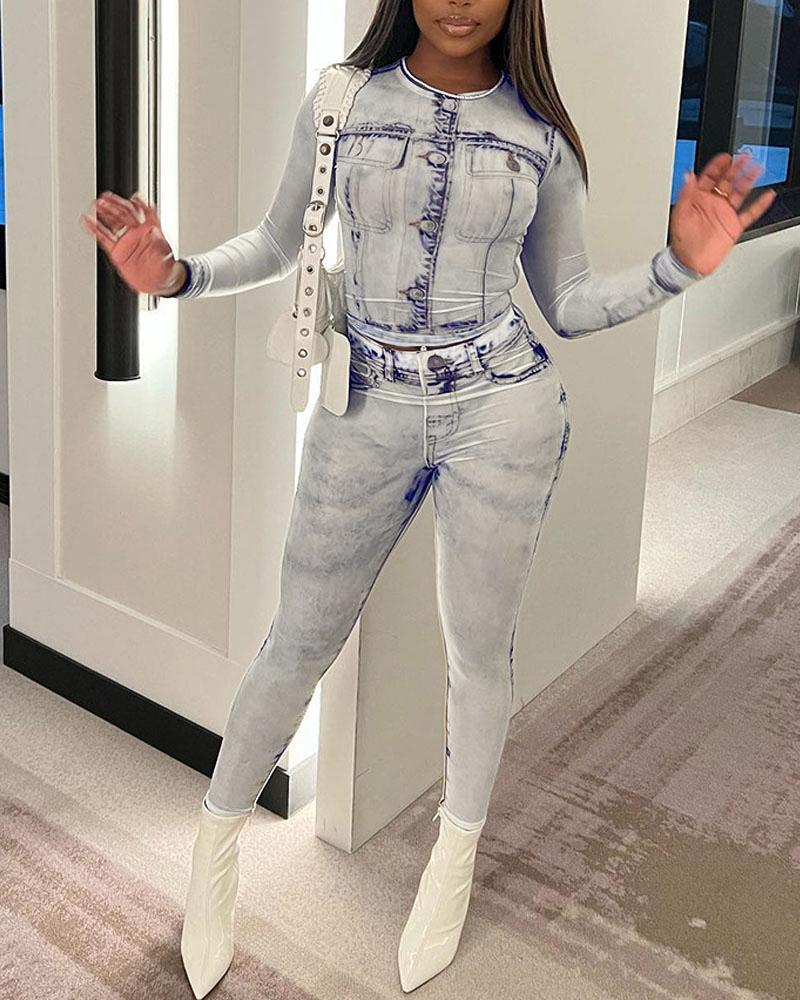 

Denim Look Print Long Sleeve Crop Top & Pants Set, White