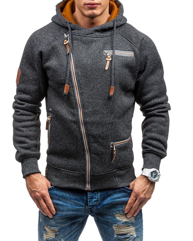 

Men Zip Decor Long Sleeve Hooded Top, Dark grey