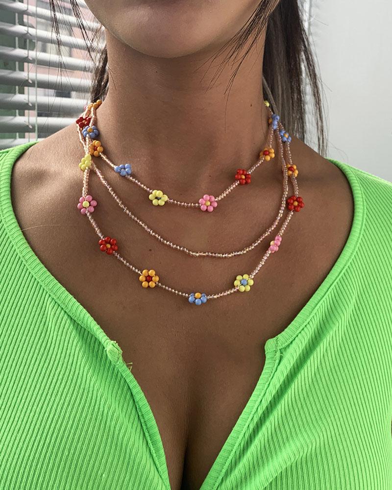 

Floral Pattern Beaded Layered Necklace, Multicolor