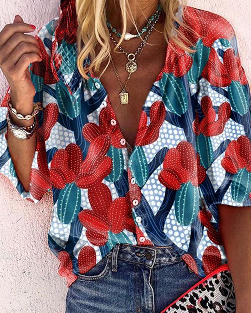 

Botanical Print V Neck Half Sleeve Shirt, Red