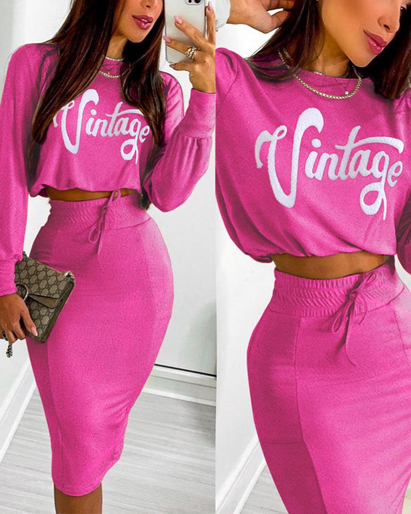 

Letter Print Velvet Top & Drawstring Midi Skirt Set, Hot pink
