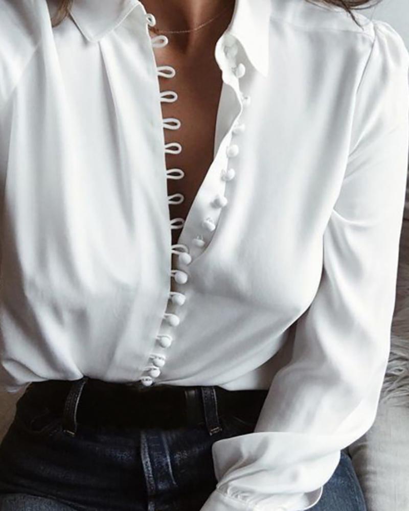 

Long Sleeve Button Design Casual Blouse, White