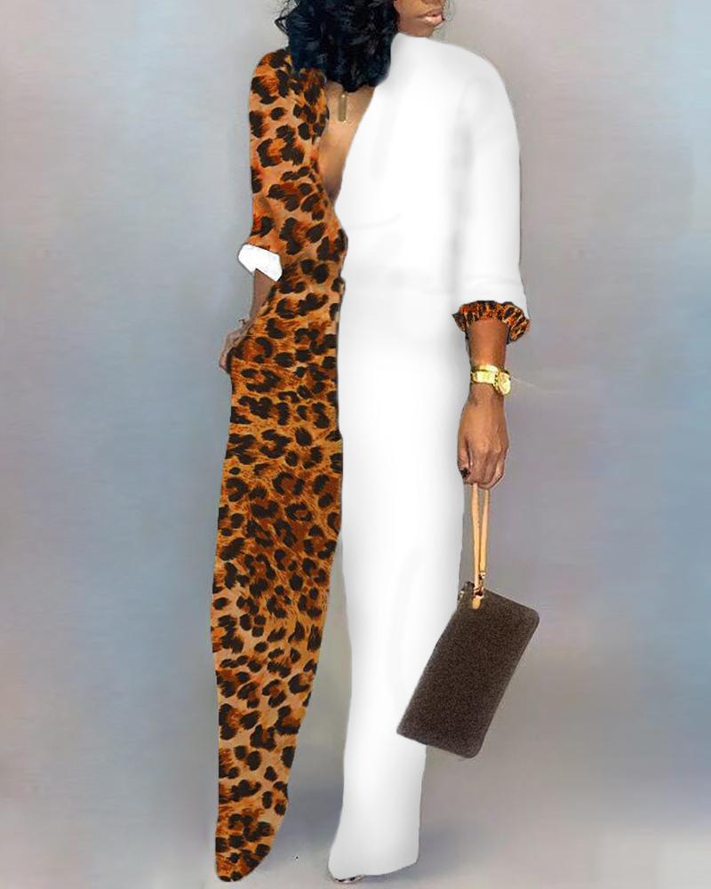 

Plunge Colorblock Insert Leopard Jumpsuit, White